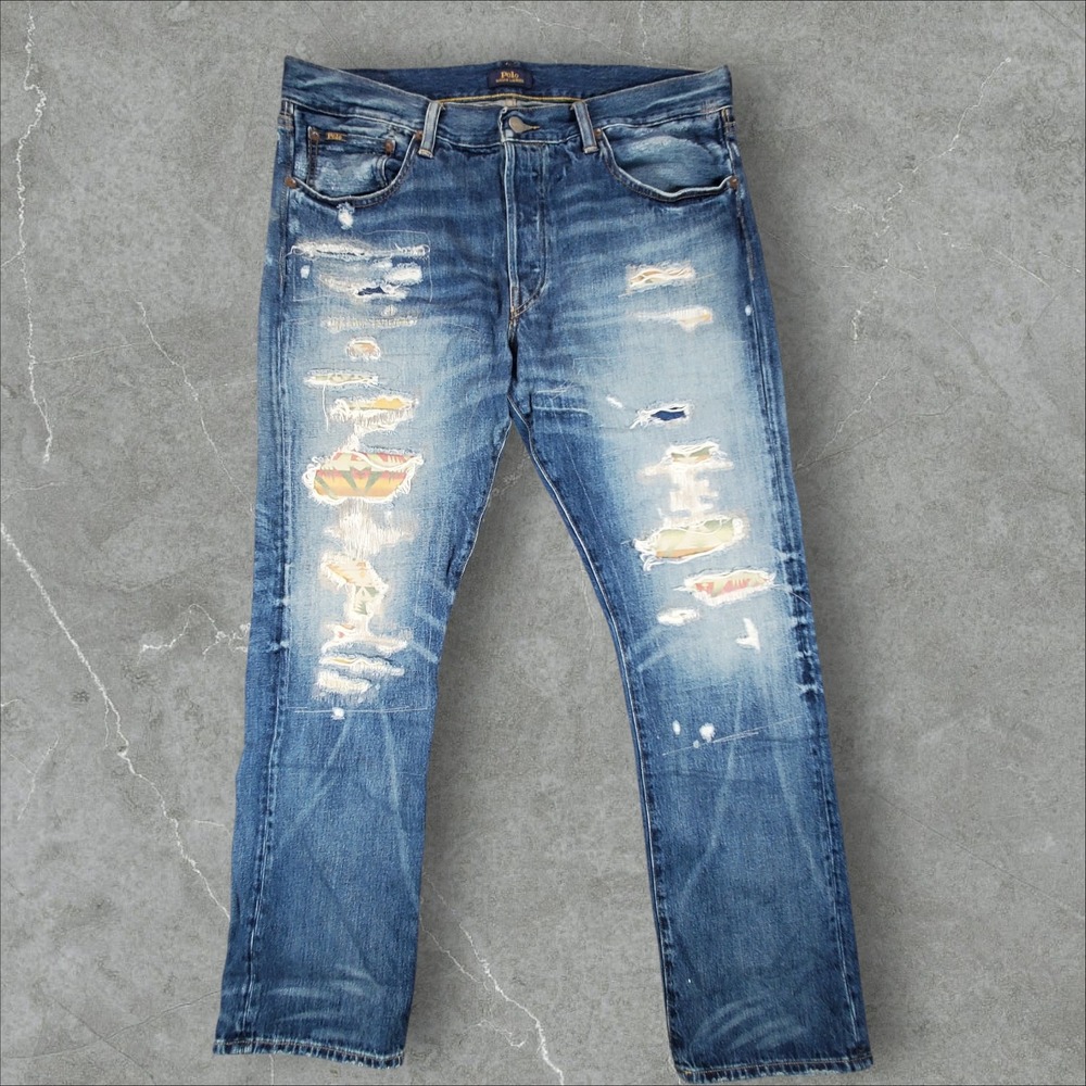 Polo Ralph Lauren Sullivan Slim Jeans Mens 34x30 Blue Distressed Aztec Patched